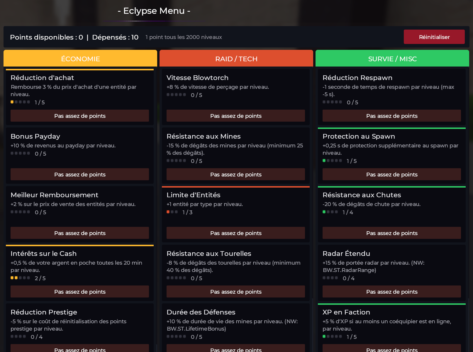 Eclypse BaseWars Skill Tree interface